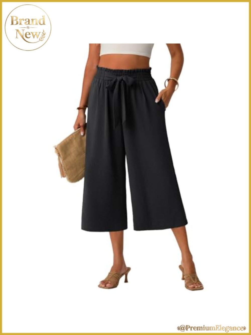 Women Wide Leg Capri Pants High Waisted Casual Wear with Pockets